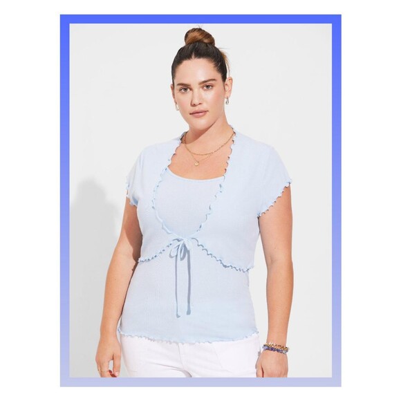 NWT Torrid 1X Skyway Blue Fitted Supersoft Rib Lettuce Hem Edge Cami Shrug Set - Picture 1 of 8